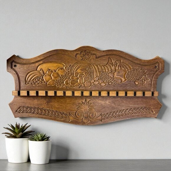 Vintage Carved Wooden Spoon Rack – Cornucopia Fruit & Wheat Sheaf - Farmhouse - Picture 1 of 6